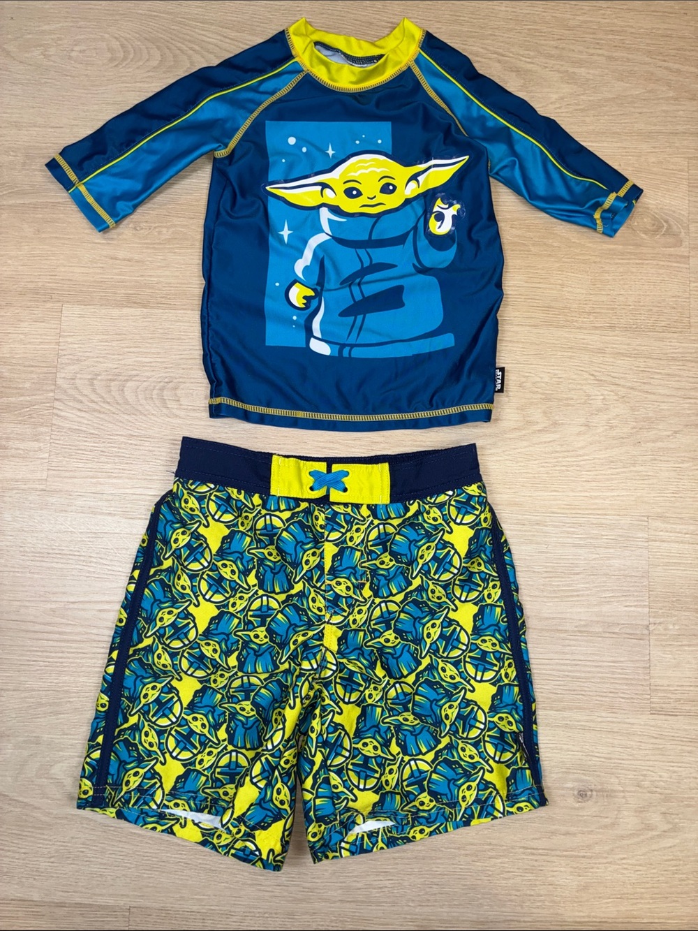 Disney Star Wars Boy’s Navy, Yellow & Teal Baby Yoda Swim Trunks & Rashguard Set